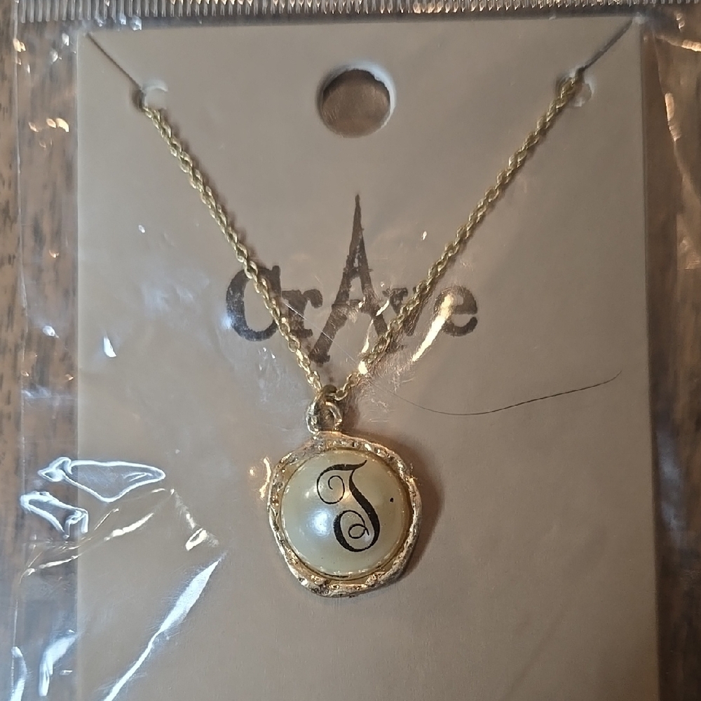 CrAve Initial‎ Necklace "J", Gold tone/Faux Pearl, NEW